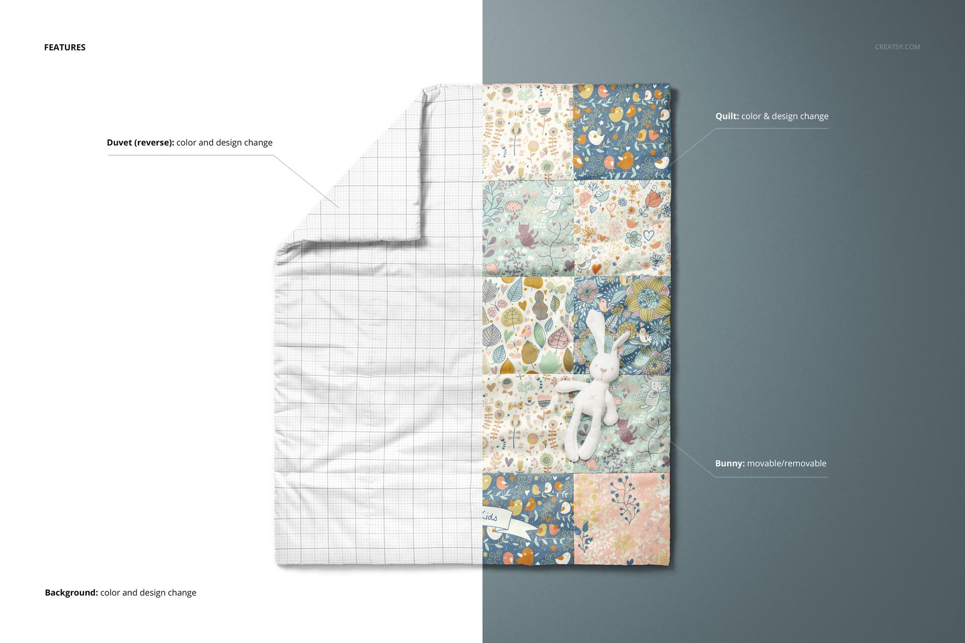 Top view of a baby patchwork quilt mockup with colorful patterned squares, half folded to reveal a grid design on the reverse side.