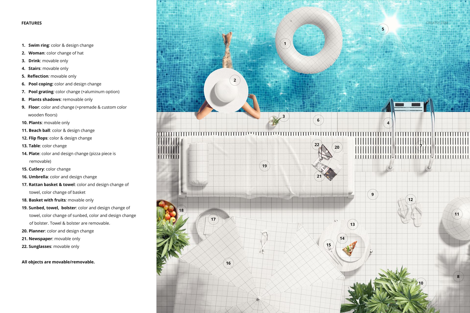 Top view of a poolside scene with a woman sitting on the edge, white towel mockup, and summer props near a clear blue swimming pool.