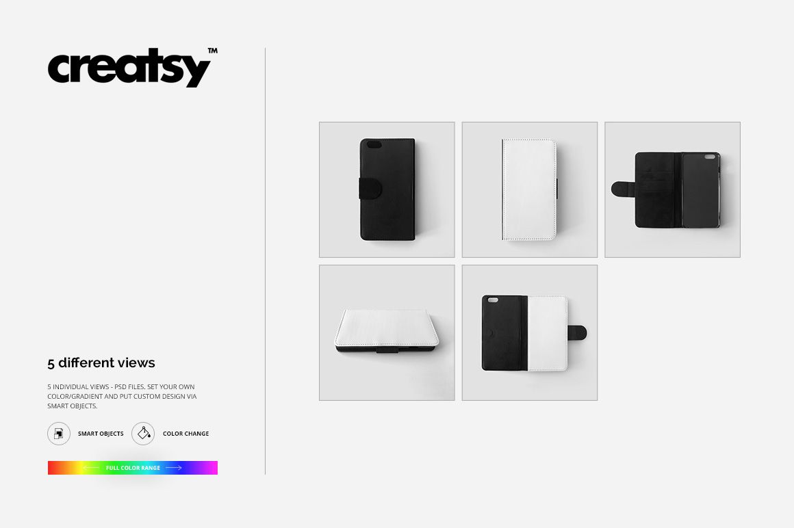 Foldable phone case mockup set showing five different views, including front, back, and open positions on a white background.