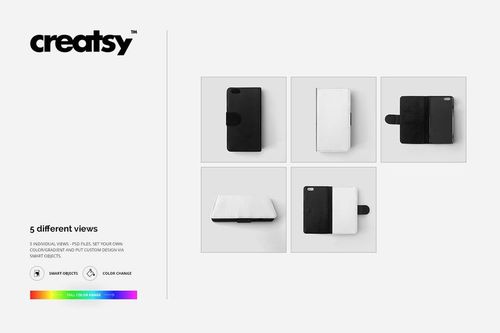 Foldable phone case mockup set showing five different views, including front, back, and open positions on a white background.