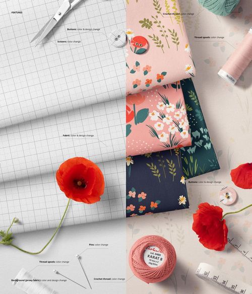 PSD mockup featuring colorful jersey fabrics, sewing accessories, and scattered poppy flowers from a top perspective.