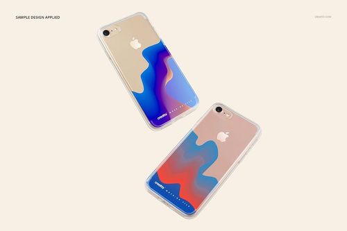 iPhone 7 clear case mockup displaying colorful abstract patterns in blue and red, viewed from above on a light background.