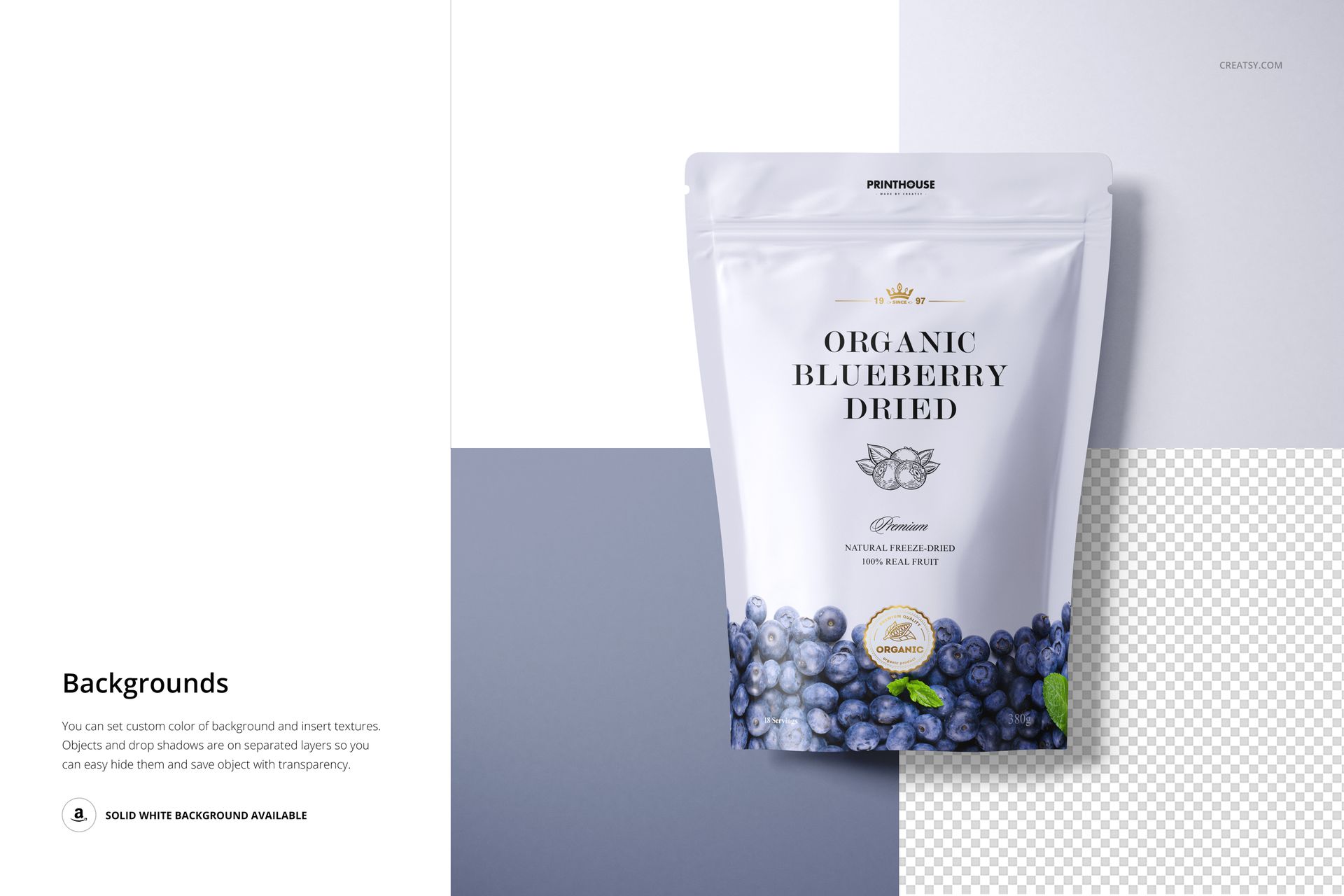 Front view of a matte zip lock pouch mockup featuring blueberry graphics, positioned on a white and gray surface.