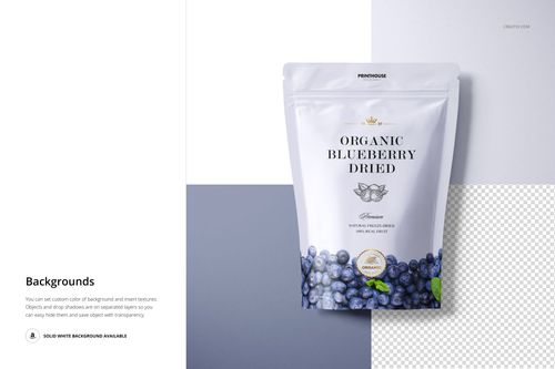 Front view of a matte zip lock pouch mockup featuring blueberry graphics, positioned on a white and gray surface.