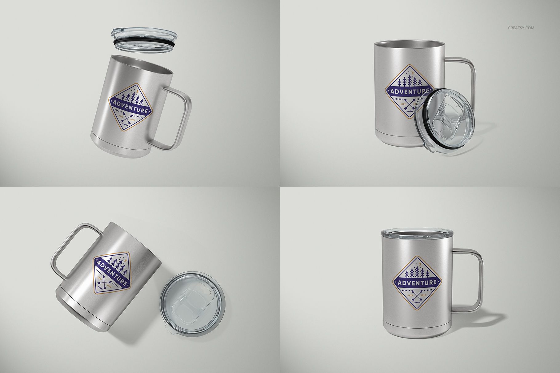 Four views of a silver camp coffee mug with a clear lid, featuring a geometric adventure logo, displayed on a light background.