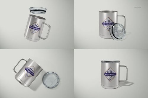 Four views of a silver camp coffee mug with a clear lid, featuring a geometric adventure logo, displayed on a light background.