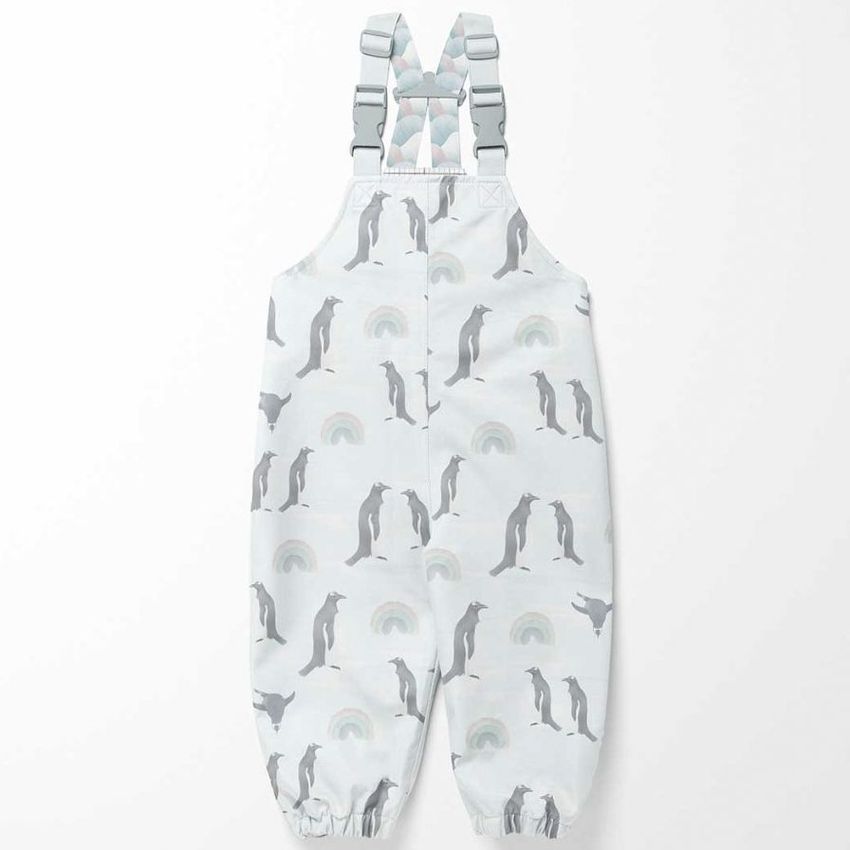 Kids rainwear mockup featuring light gray overalls with a playful pattern of kangaroos and pastel rainbows on a white background.