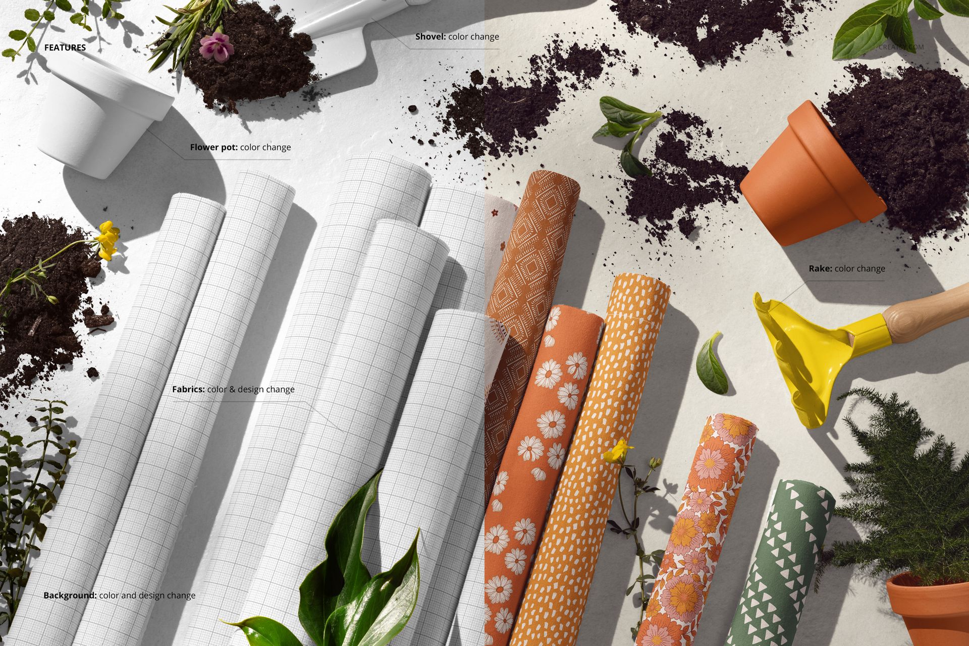 PSD mockup showing a collection of patterned jersey fabric rolls with garden tools, soil, and potted plants on a white surface.