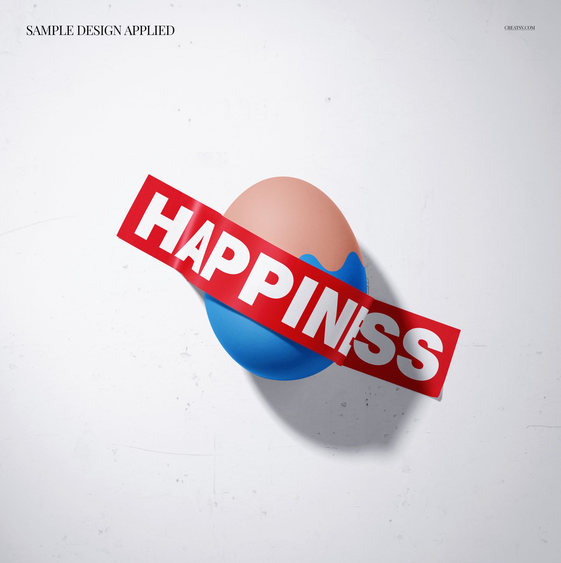 Easter egg mockup taped to a wall, showing blue and peach tones and a bold red strip with white text.
