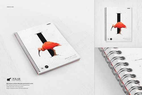 Spiral-bound notebook mockup with white cover featuring an illustrated orange bird, shown from a top angle.