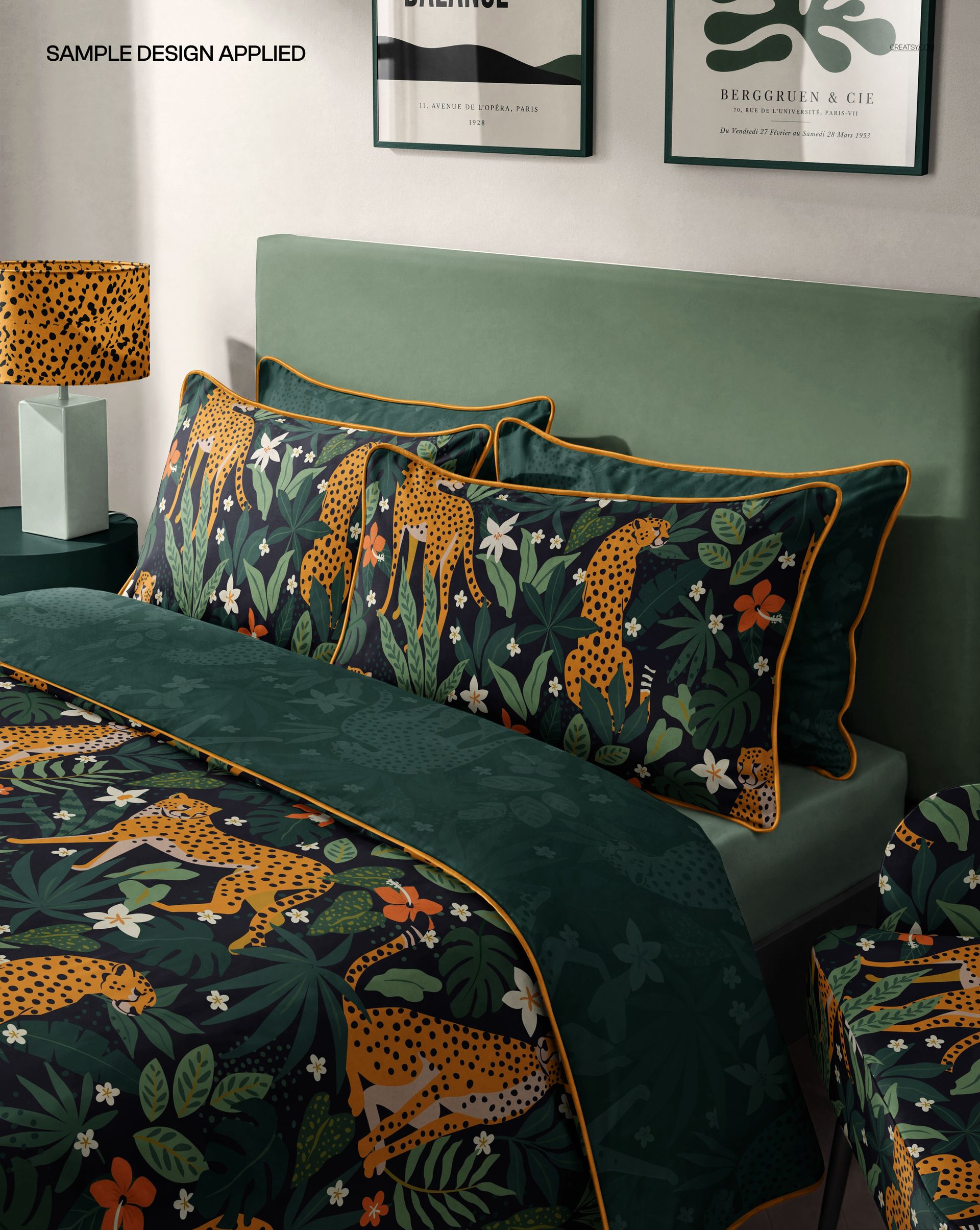 Front view of a bedroom bedding set mockup with piped edges, decorated with jungle foliage and cheetah motifs.
