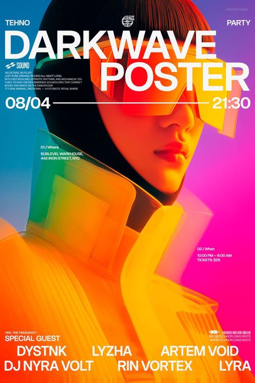 Colorful neon-themed poster mockup with geometric patterns, bright gradients, and event details in white text.