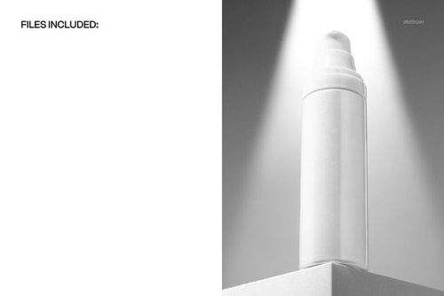 Front view of a cosmetics foam pump bottle mockup in white, standing on a pedestal under dramatic lighting.