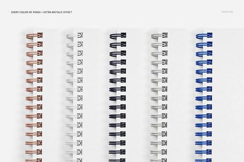 Close-up of notebook mockup set with square holes and various colored metal spirals, arranged side by side on a plain surface.