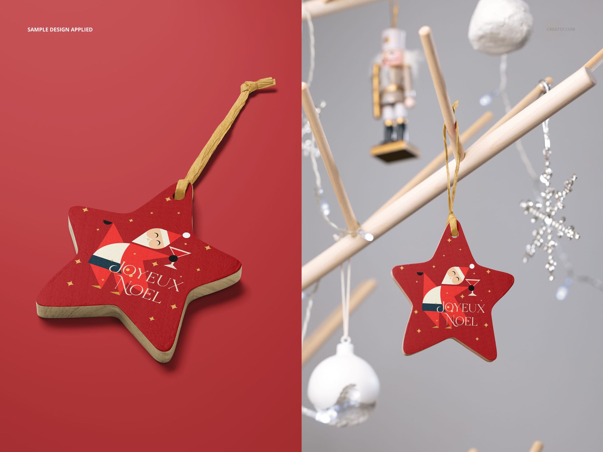 Christmas star wooden ornament mockup featuring a red color and holiday illustration, displayed on a modern tree.