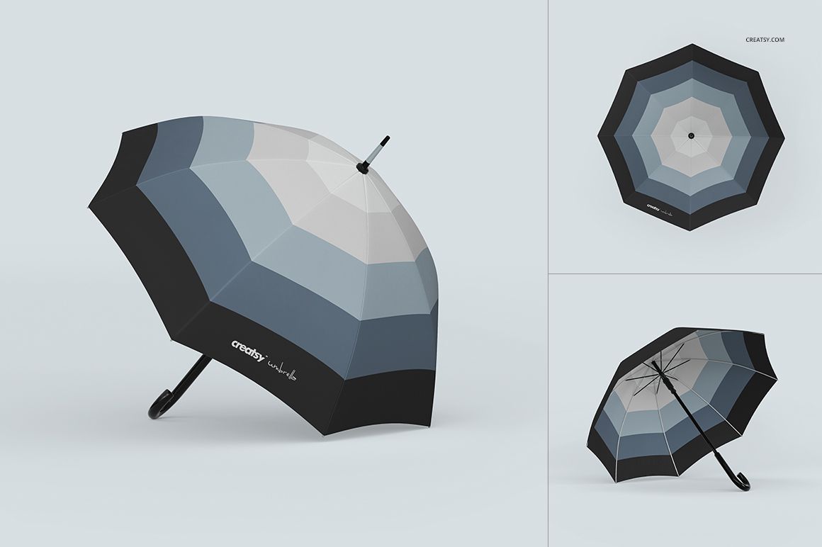 Umbrella mockup set displaying a multi-tone blue and gray canopy, featuring angled and top-down perspectives.