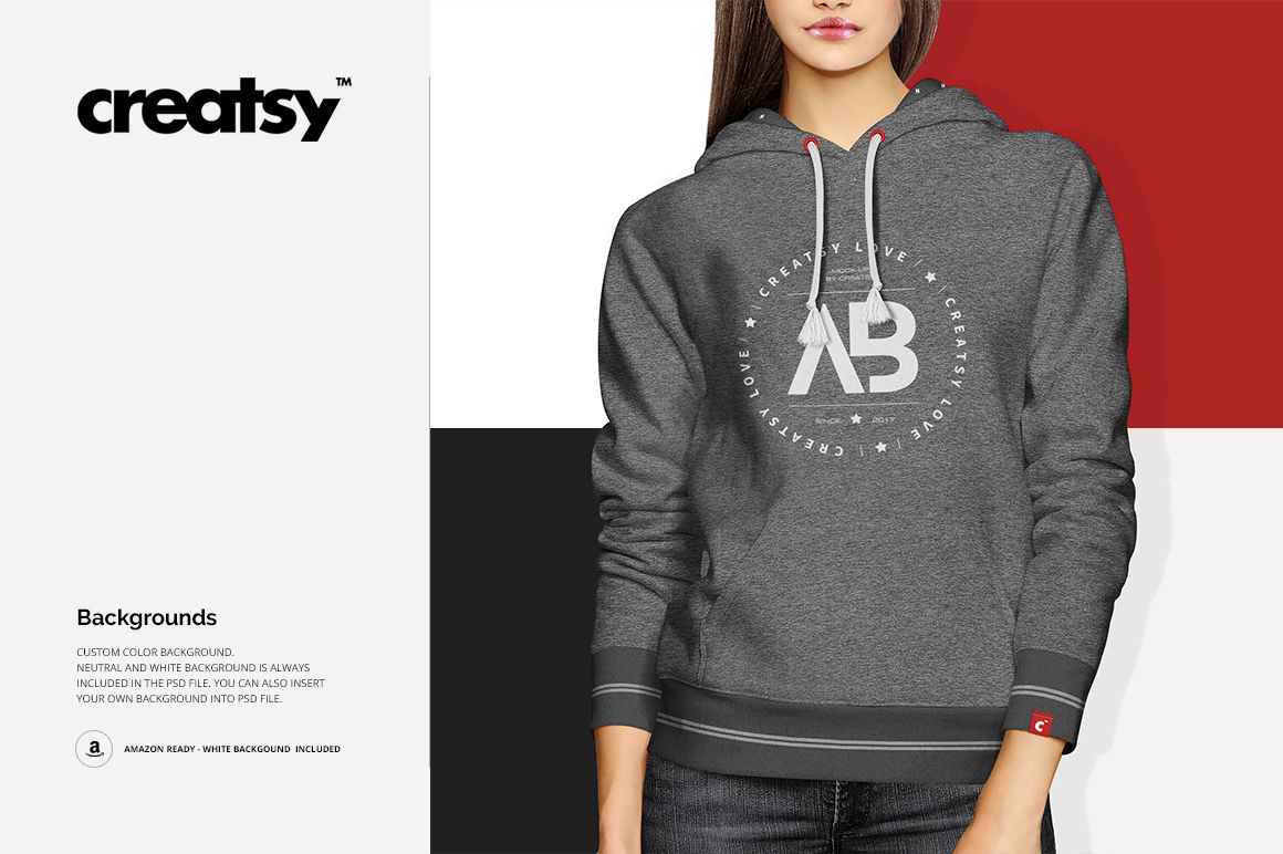 PSD mockup of a women's hoodie in dark gray with a printed white logo, displayed from the front on a model.