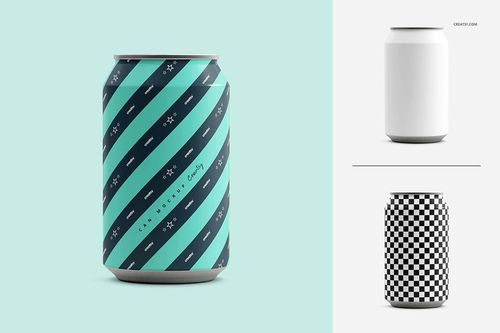 PSD mockup set showing three drink cans with different patterns and colors, arranged on a pale background in front view.