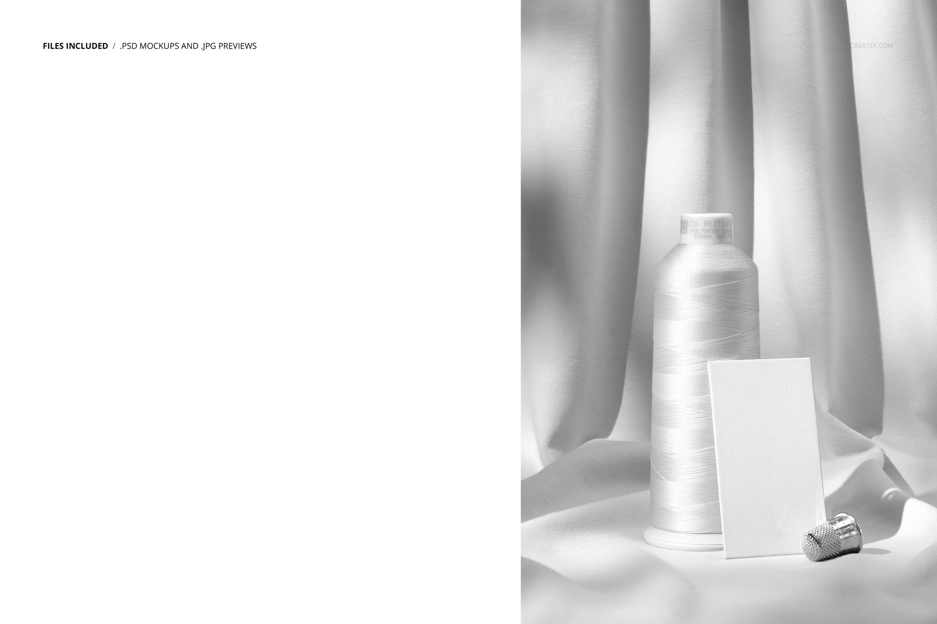 PSD mockup featuring a spool of thread, a blank card, and a thimble on smooth, light-colored jersey fabric.