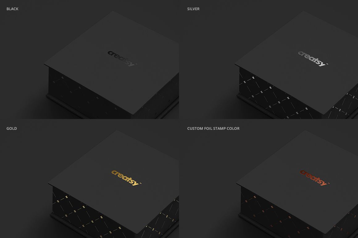 Jewelry box mockup with four lid color variations showing black, silver, gold, and custom foil stamp finishes.