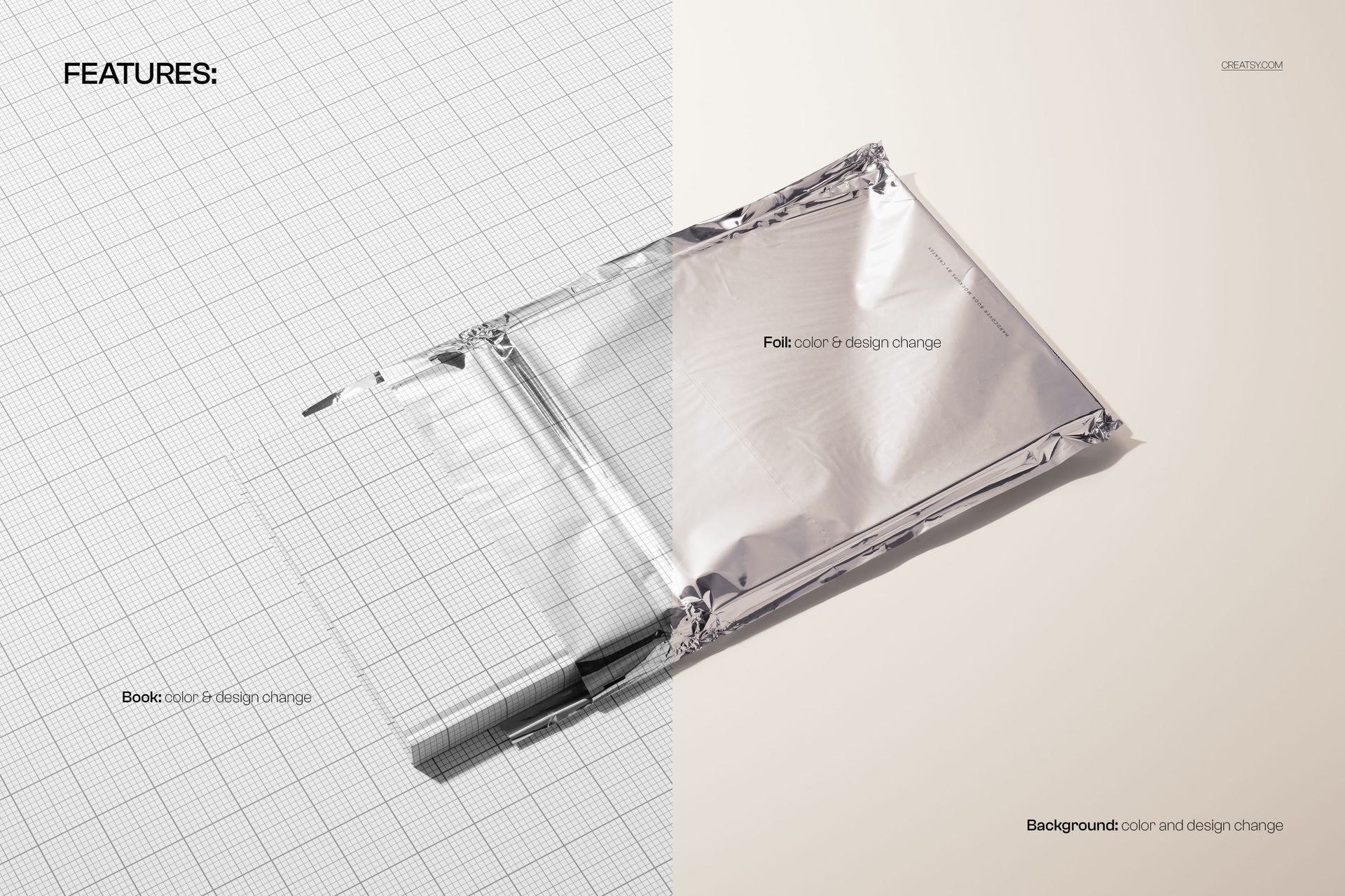 PSD mockup featuring a hardback book in a reflective metallic pouch, set against contrasting grid and plain backgrounds.