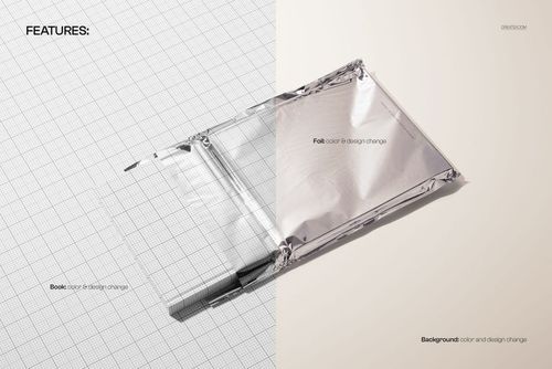 PSD mockup featuring a hardback book in a reflective metallic pouch, set against contrasting grid and plain backgrounds.