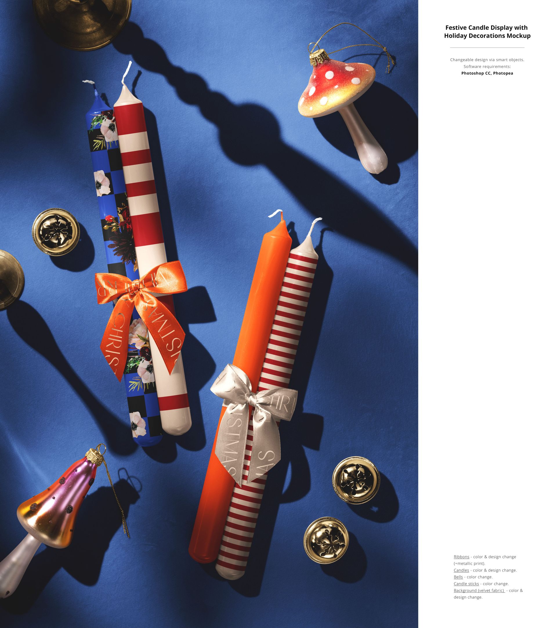 Christmas candle mockup featuring patterned candles and gold bells, photographed from above on a vibrant blue tabletop.