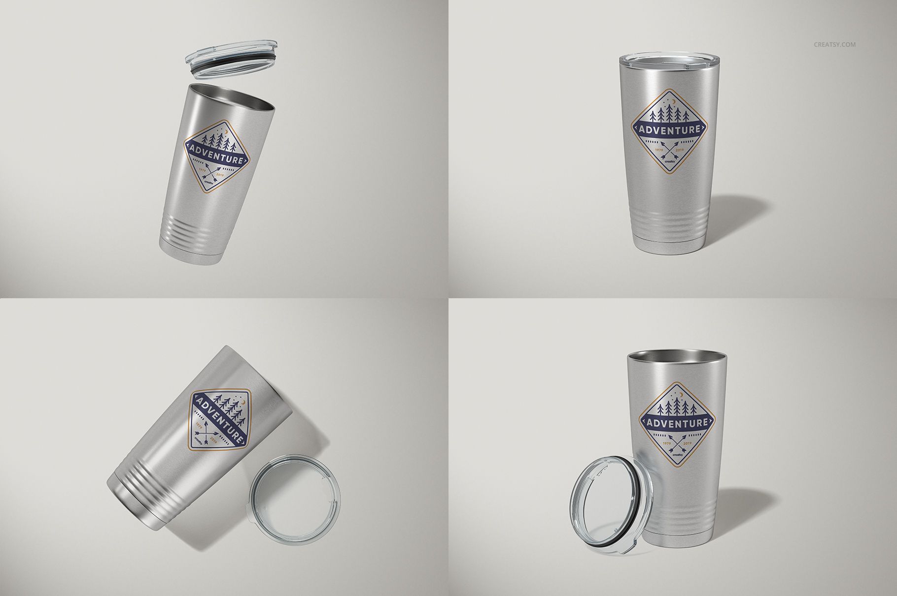 Stainless steel tumbler mockup set showing four views, including lid on and off, with a geometric logo design.