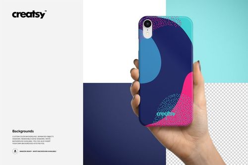 Glossy iPhone XR case mockup featuring bold abstract shapes in blue and pink, displayed from a rear view in hand.