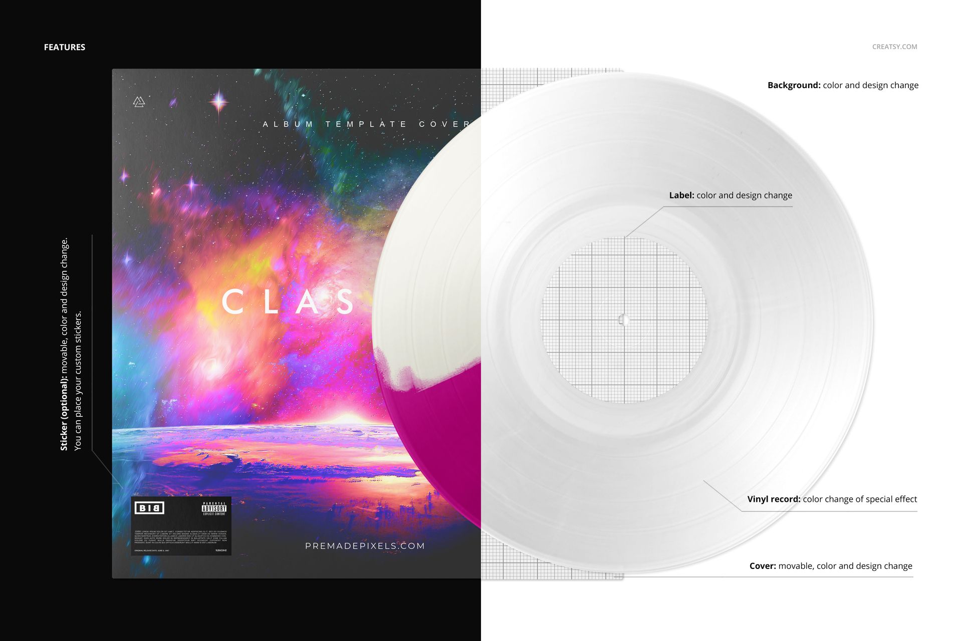 Vinyl record and album cover mockup showing a split design with magenta, white, and a colorful galaxy-themed background.
