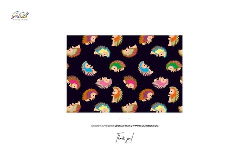 Rectangular habotai silk scarf mockup featuring a colorful hedgehog pattern on a dark background, front view.