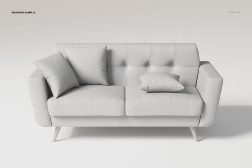 Front view of a Scandinavian style sofa in light gray fabric with button-tufted backrest and three matching pillows.