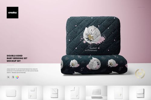 Baby bedding set mockup showing a pillow and quilt with illustrated animals and floral accents, displayed from the front.