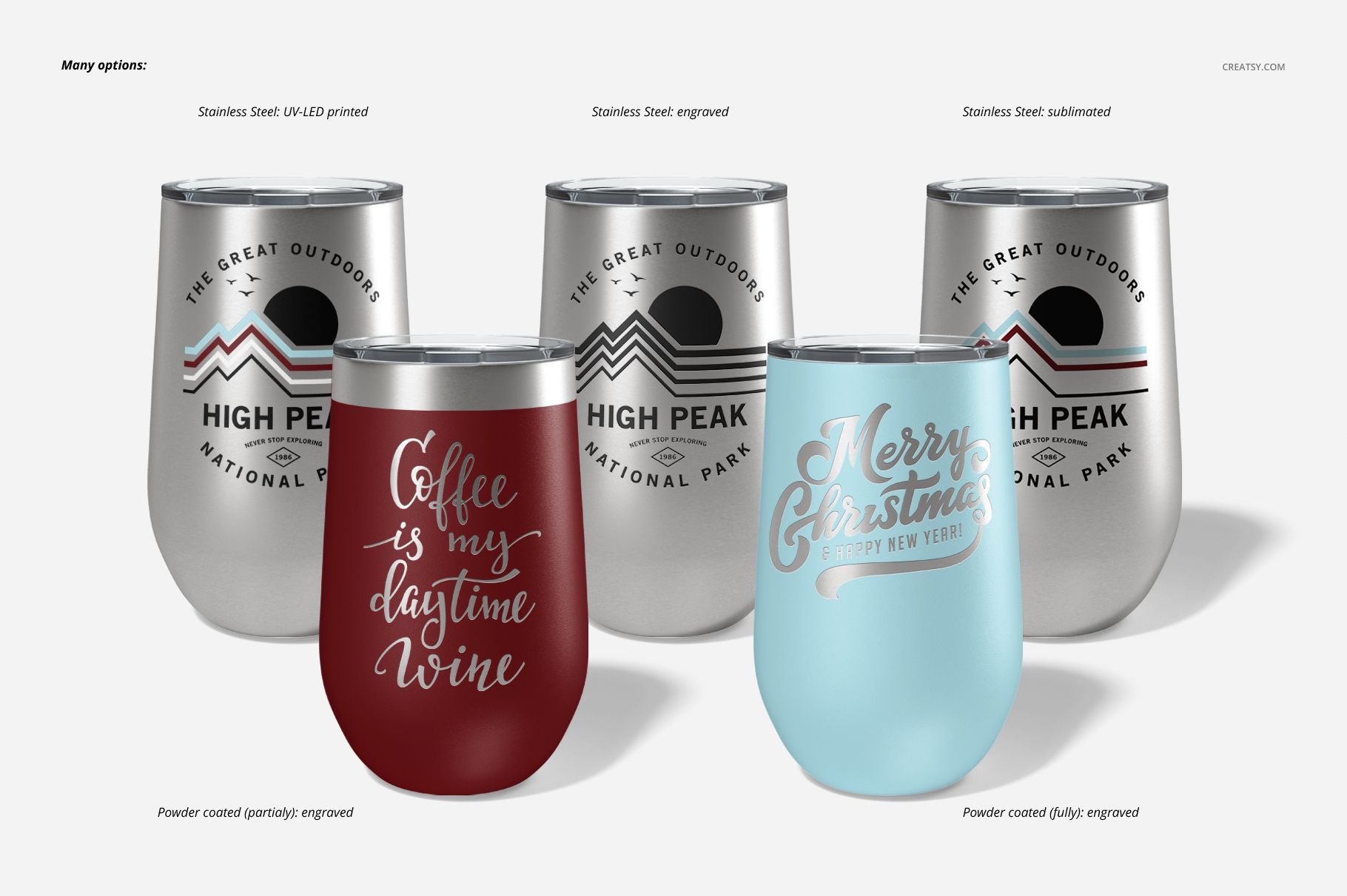 Front view of five stemless wine cups in various finishes and colors, including red, blue, and silver, arranged on a light background.