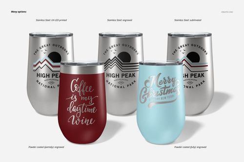 Front view of five stemless wine cups in various finishes and colors, including red, blue, and silver, arranged on a light background.