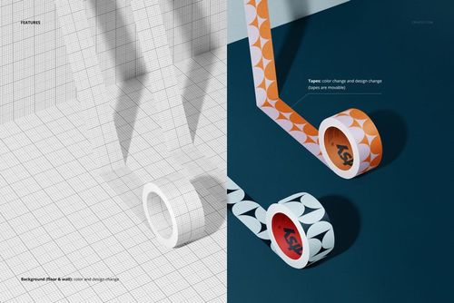 Bent packaging tapes mockup showing two patterned tape rolls, one in orange and one in black, on a grid surface.