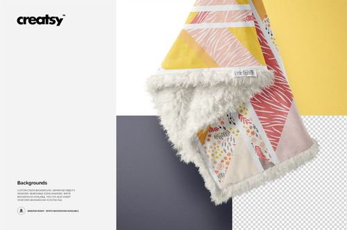 Sherpa baby blanket mockup featuring geometric and botanical patterns in pink, yellow, and white, shown folded on colored backgrounds.