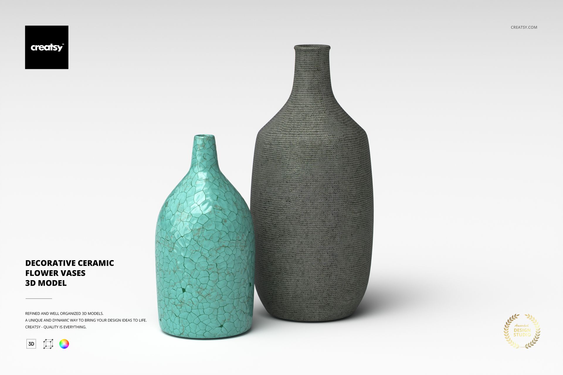 Front view of two decorative ceramic flower vases, one turquoise with a crackle pattern and one matte gray, on a white background.