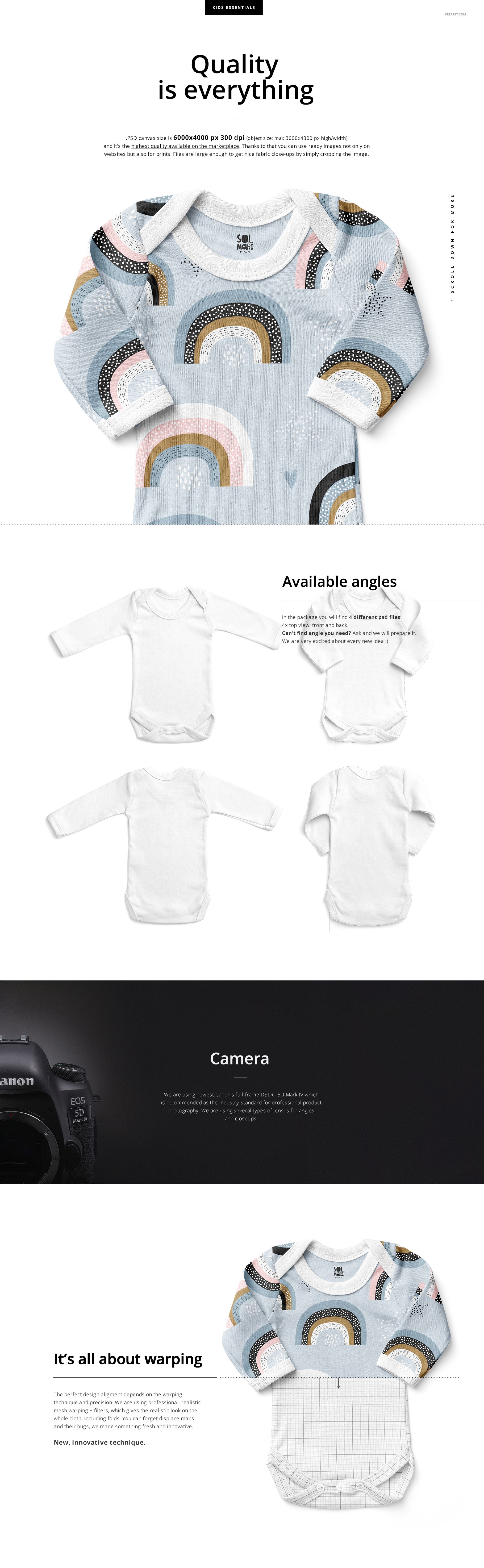 Baby long sleeve bodysuit mockup featuring a front view with pastel rainbow pattern on a light blue background.