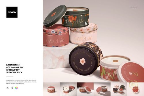Satin Finish 4 oz. Candle Tin Mockup Set - Wooden Wick - mockup preview 1