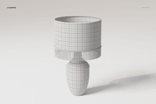 Front view of a vintage table lamp 3D model with a cylindrical shade and fringed trim, shown in wireframe style.