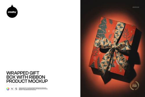Gift box mockup with festive ribbon and abstract holiday design, viewed from above on a dark background.