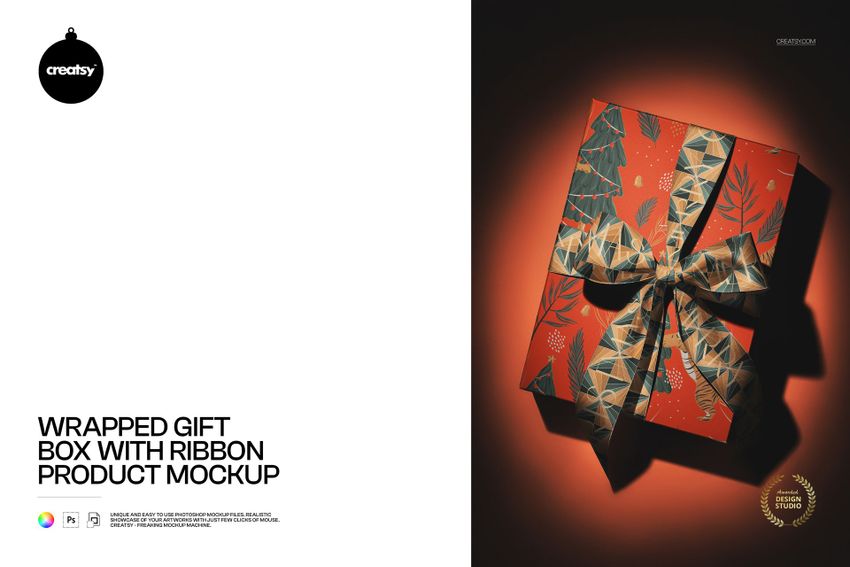 Gift box mockup with festive ribbon and abstract holiday design, viewed from above on a dark background.