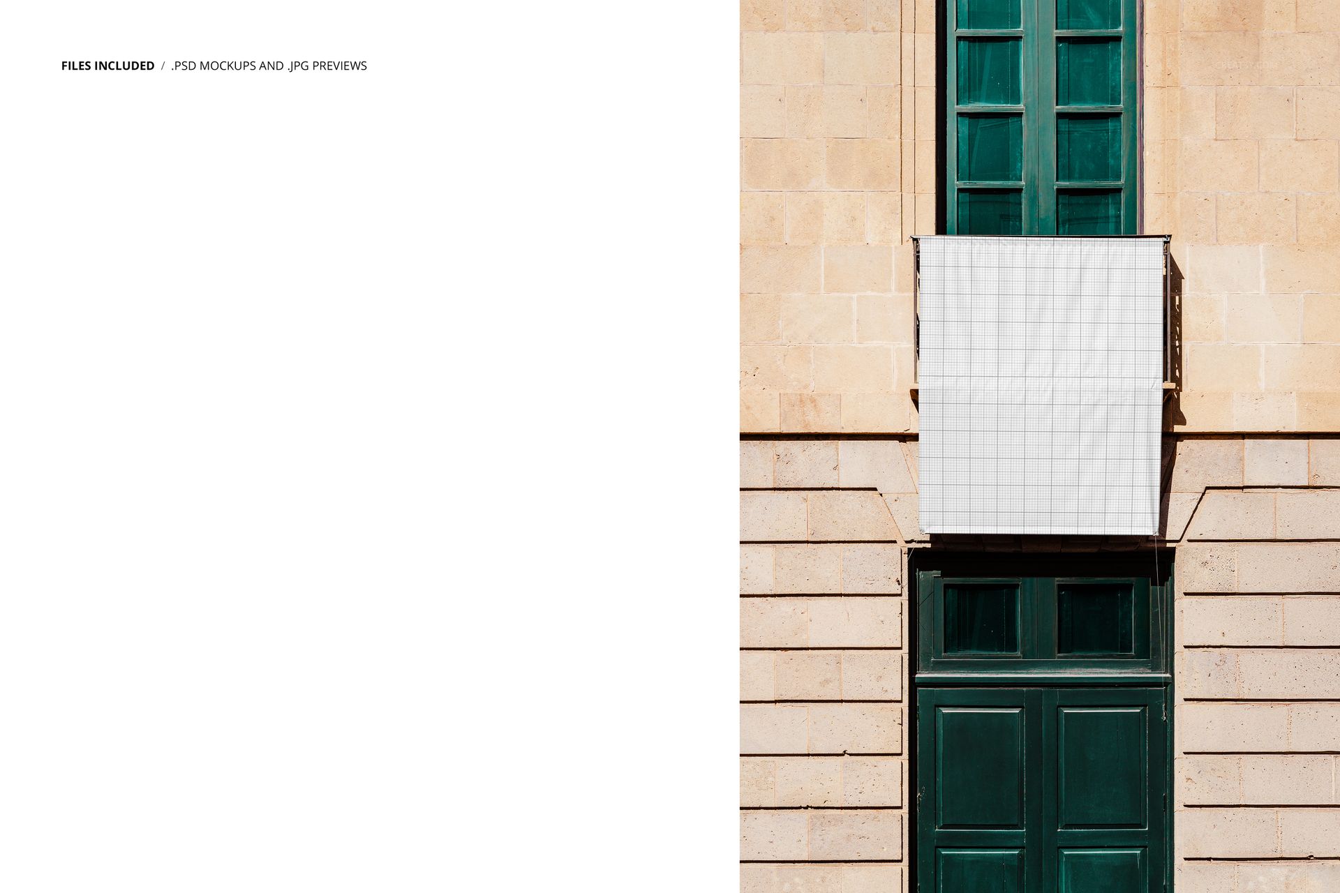 Front view of a vintage style advertising banner mockup hanging on a green door with a beige stone wall background.