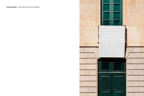 Front view of a vintage style advertising banner mockup hanging on a green door with a beige stone wall background.