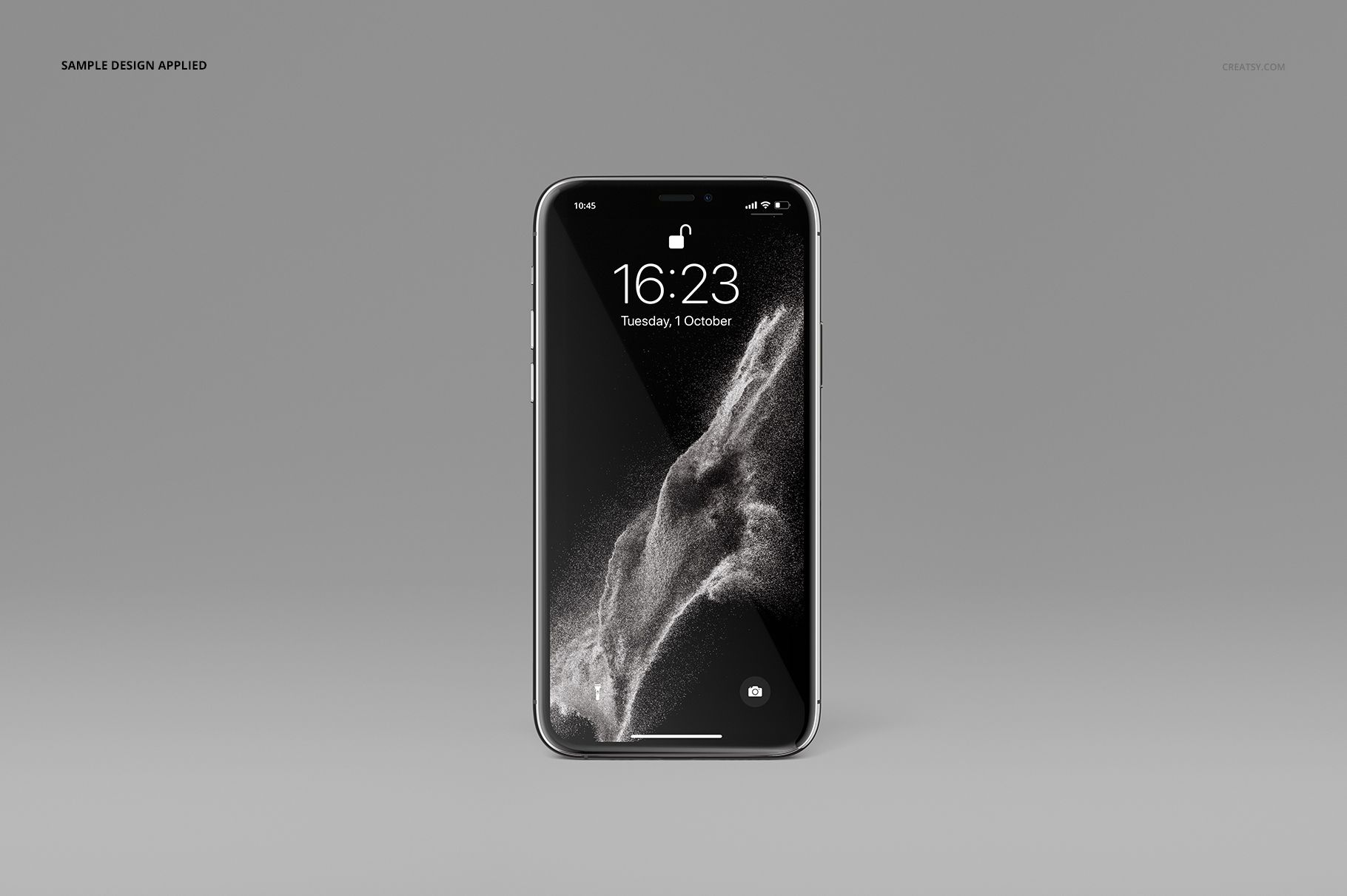 Single iPhone 11 Pro mockup shown from the front, featuring a monochrome abstract design on the screen.