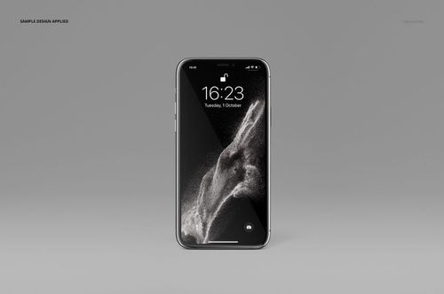 Single iPhone 11 Pro mockup shown from the front, featuring a monochrome abstract design on the screen.