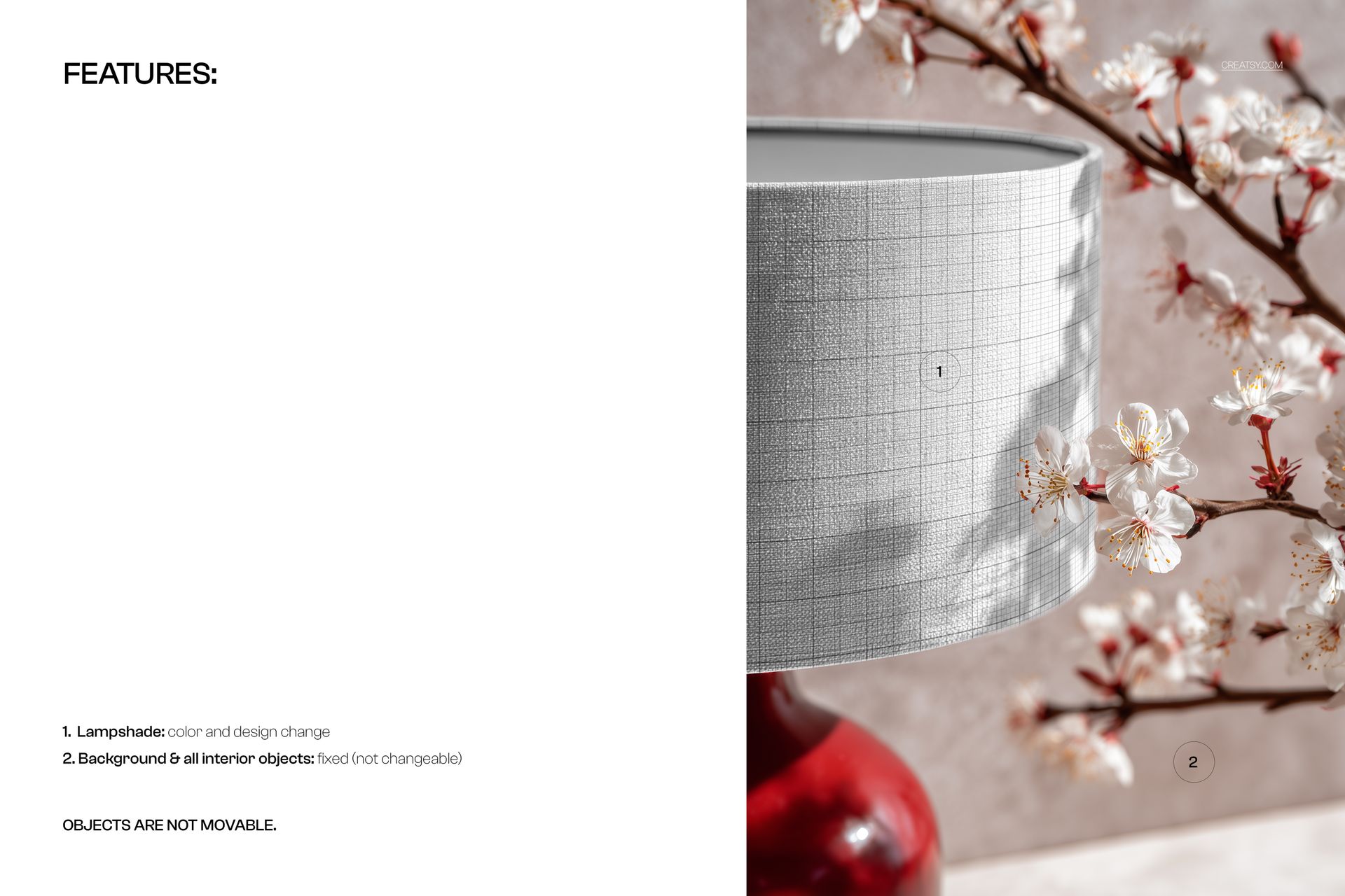 Close-up of a table lamp mockup with a textured white shade and cherry blossom branches on a neutral background.