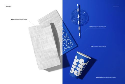 Paper fast food bag mockup set with two bags, a blue cup, striped straw, and plastic lid on a split background.