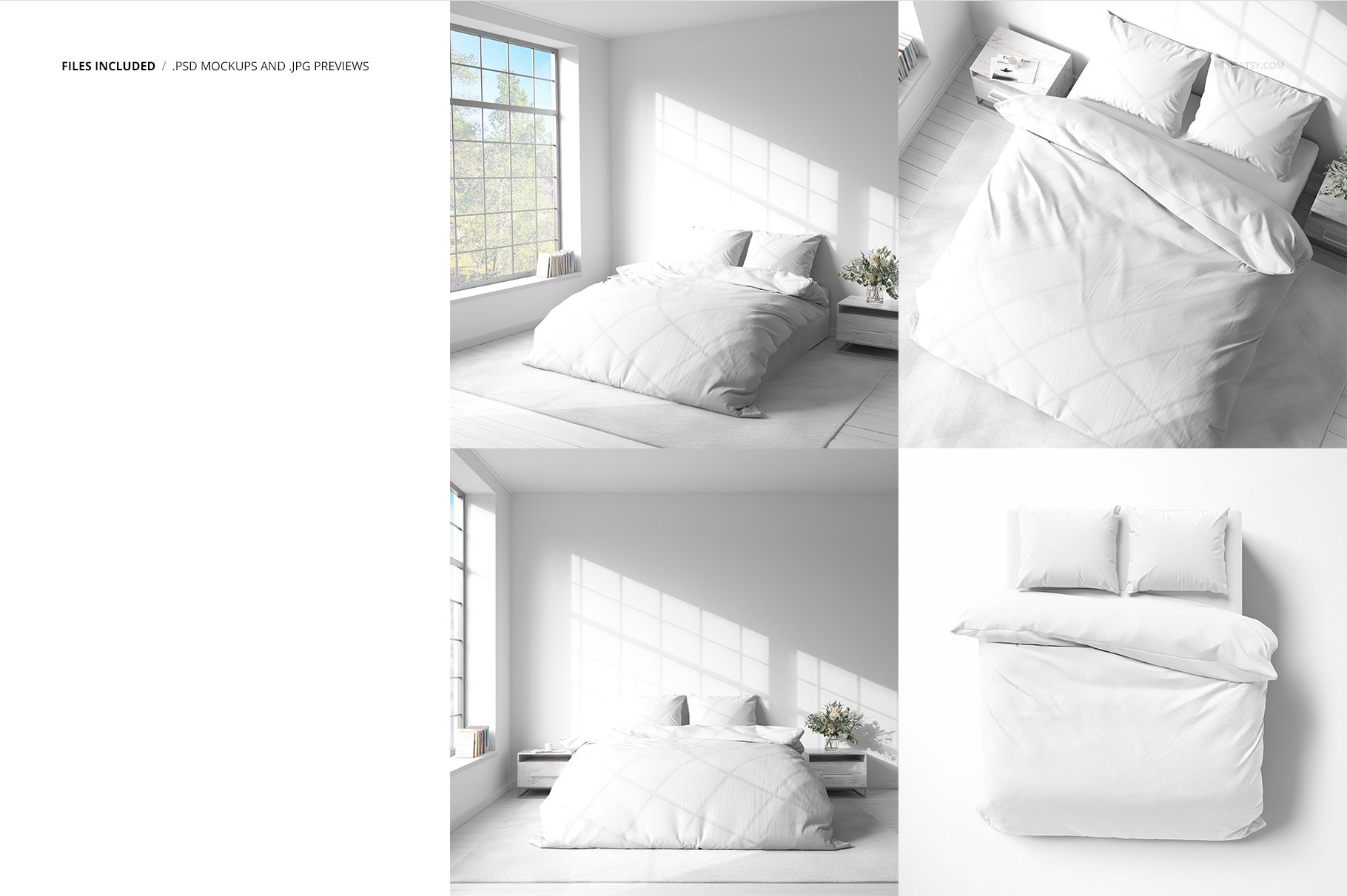 White bedding mockup set displayed from various angles in a sunlit, modern bedroom with clean decor and large windows.